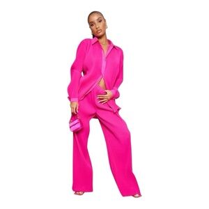PrettyLittleThing Hot Pink Plissé High-Waisted Wide Leg Trousers – Size 10 US